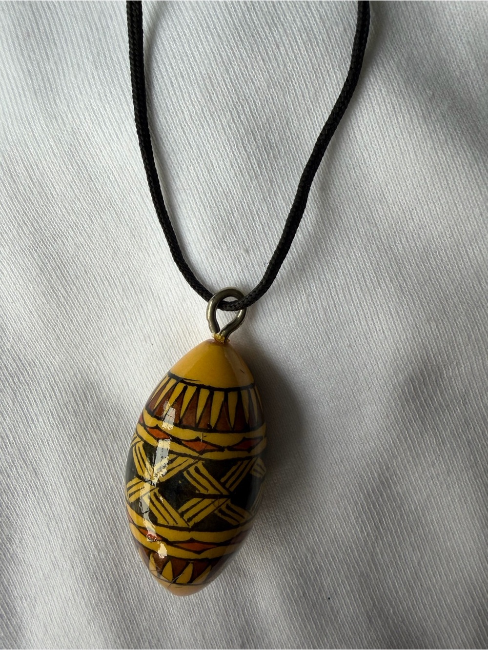 Vintage Black Cord Necklace w/ Yellow Ethnic Patterned Ceramic Oval Charm Pendan